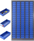 Built Like A Tank Heavy Duty 100 Drawer Parts Cabinet Steel Bolt Organizer with blue sliding trays and adjustable dividers.