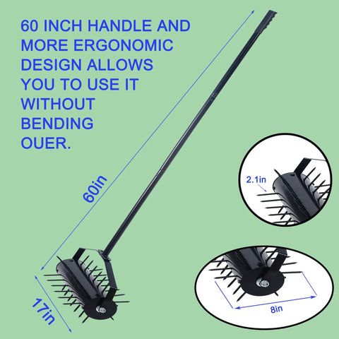 Manual Lawn Aerator Rolling Tool With 58 Inch Handle For Lawns Yards And Gardens, black finish, ergonomic design.