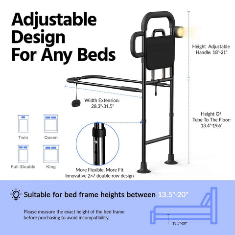 Senior Bed Rail With Remote Light And Height Adjust, Super Safe No Slip Grip Handle With Pocket, Easy Install Bedside Rail