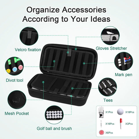Portable Golf Accessories Organizer Bag With 18 Ball Capacity Glove Holder Case in black with compartments and glove shaper