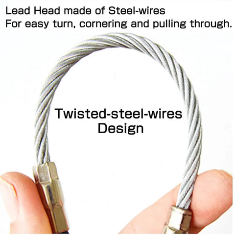 Lead head of Badass Heavy Duty 50 Foot Fiberglass Cable Wire Fish Rod Pull Kit with twisted steel wires design.