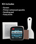 All In One Wall Fix Kit With Primer Enhanced Spackling Compound Putty Knife Sanding Sponge And Self Adhesive Patch For Holes Up To Three Inches In Drywall Plaster Or Painted Surfaces, showing spackle container, knife, sponge, and patch