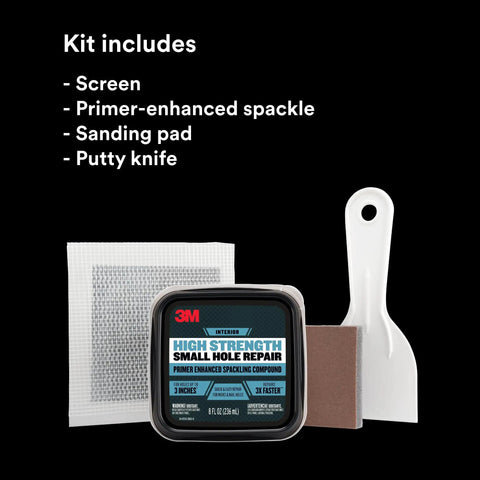 All In One Wall Fix Kit With Primer Enhanced Spackling Compound Putty Knife Sanding Sponge And Self Adhesive Patch For Holes Up To Three Inches In Drywall Plaster Or Painted Surfaces, showing spackle container, knife, sponge, and patch