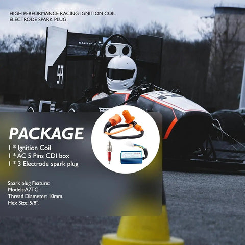 Race Ready Ignition Coil With 5 Pins AC CDI Box for GY6 4 Stroke Engines, shown with high-performance racing vehicle.