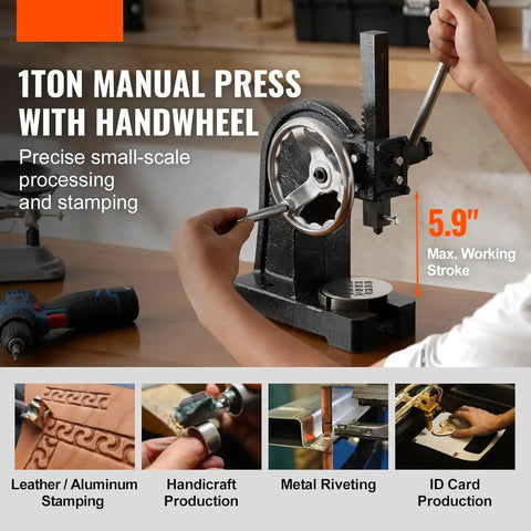 1 Ton Manual Press with Handwheel for precision stamping and processing, featuring a heavy duty steel frame, 5.9" maximum working stroke.