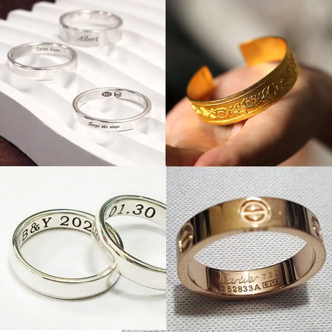 Professional Double Sided Dial Ring Engraver Featuring Hella Precise Hard Alloy Pen Tip For Sleek Inner Jewelry Marking And 1.5Mm To 2.0Mm Sturdy Letter Blocks showing engraved rings.