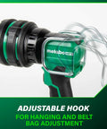 18V MultiVolt Cordless LED Torch Flashlight With 7 Position Adjustable Head and hook shown for hanging and belt adjustment