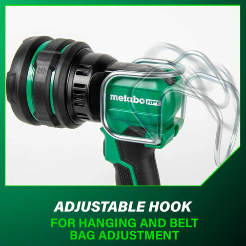 18V MultiVolt Cordless LED Torch Flashlight With 7 Position Adjustable Head and hook shown for hanging and belt adjustment