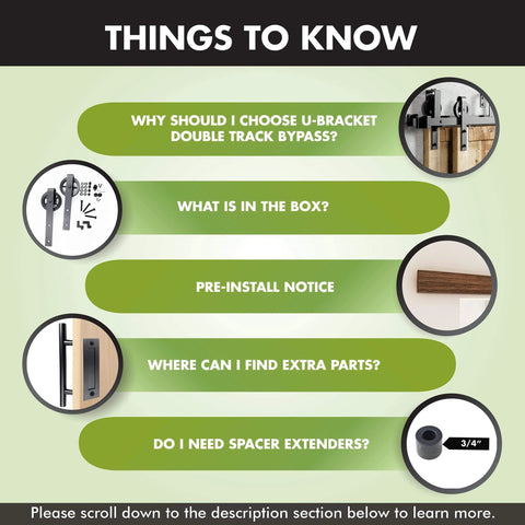 Informational graphic on Black Rustic Double Track U Shape Bypass Sliding Barn Door Hardware Kit for installation tips.