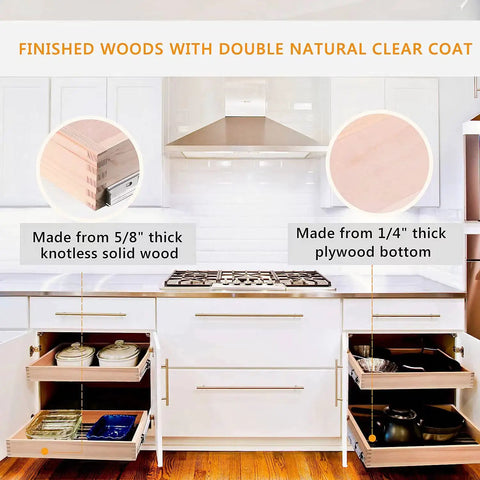Smooth Glide Pull Out Cabinet Organizer And Slide Out Drawer With Heavy Duty Rollers, featuring knotless solid wood construction.