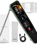 Instant Read Meat Thermometer With 3.8 Inch HD Touchscreen And Temp OS, Pro Kitchen Tool shown with probe, display, and accessories.