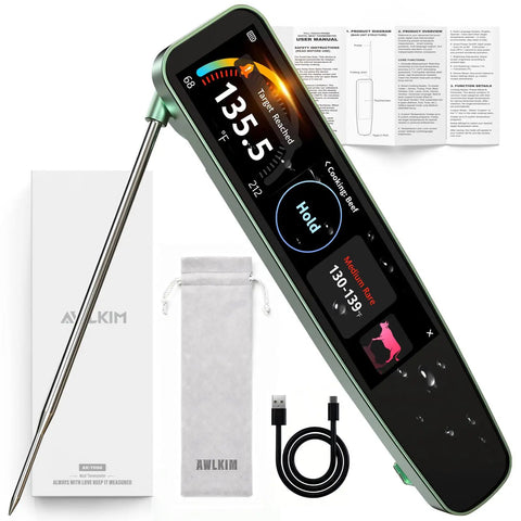 Instant Read Meat Thermometer With 3.8 Inch HD Touchscreen And Temp OS, Pro Kitchen Tool shown with probe, display, and accessories.