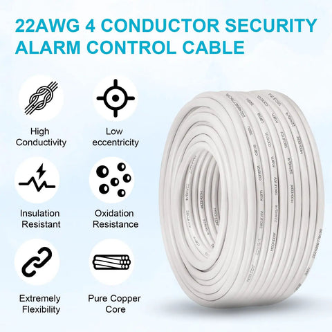 22 AWG 4 Conductor Stranded Shielded Plenum Cable 100 Ft White Jacket CL3P Low Voltage Wire Coil with Features Displayed