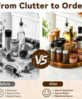 Before and after showing Ten Inch Solid Acacia Wood Lazy Susan With Smooth 360 Swivel Base For Kitchen Counter Organizer.