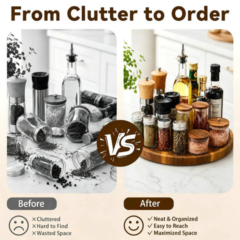 Before and after showing Ten Inch Solid Acacia Wood Lazy Susan With Smooth 360 Swivel Base For Kitchen Counter Organizer.