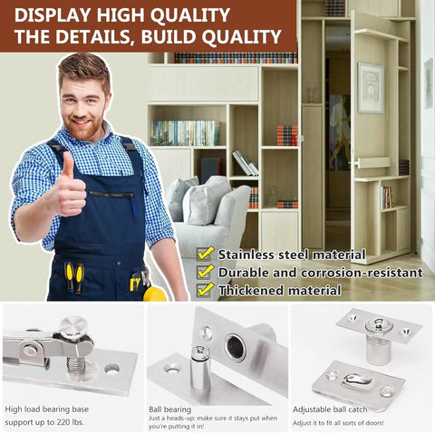Heavy Duty Pivot Hinge Set With Stainless Steel Ball Catch For Wood Doors And Hidden Bookcases Featuring 360 Rotation and Invisible Hardware in use.