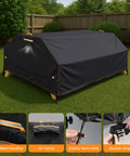 All Weather 6 Ft Picnic Table Cover With Waterproof 420D Oxford Cloth Heavy Duty Windproof UV Protection Adjustable Straps And Air Vent Fits 70 And 72 Inch Outdoor Tables Black shown in backyard.