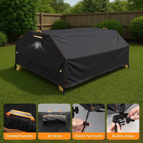 All Weather 6 Ft Picnic Table Cover With Waterproof 420D Oxford Cloth Heavy Duty Windproof UV Protection Adjustable Straps And Air Vent Fits 70 And 72 Inch Outdoor Tables Black shown in backyard.