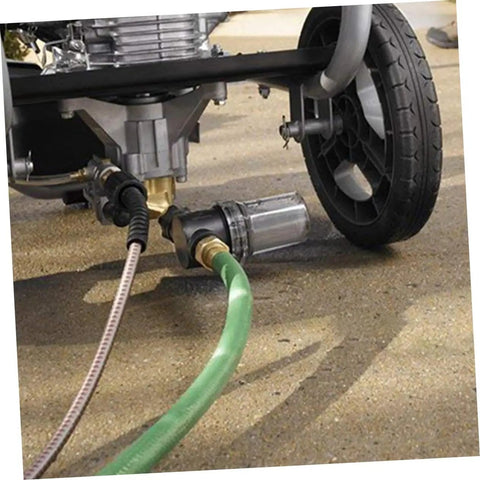 Heavy Duty Inline Water Sediment Filter for Garden Hose or Car Wash Rig with Quick Connect Fitting attached to a pressure washer.