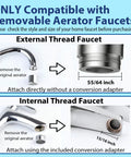 Installation guide for 360 Degree Swivel Kitchen Faucet Aerator Replacement on external and internal thread faucets.