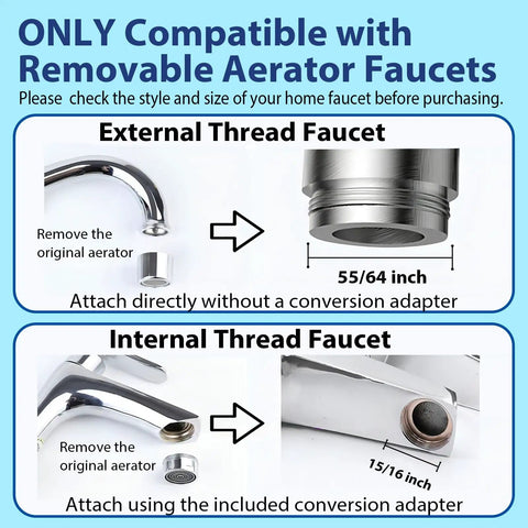 Installation guide for 360 Degree Swivel Kitchen Faucet Aerator Replacement on external and internal thread faucets.