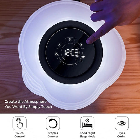 Top view of Bedside Lamp With Wireless Charger And Bluetooth Speaker For Bedroom RGB Dimmable Nightstand Light with touch controls.