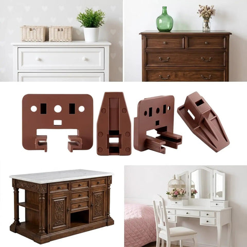 Twenty Pack Of Sturdy Plastic Drawer Slide Tracks And Center Mount Glides Replacement Kit With No Fuss Install Hardware For Bedroom Furniture Fixes And Nightstand Upgrades, showing brown plastic glides and furniture.