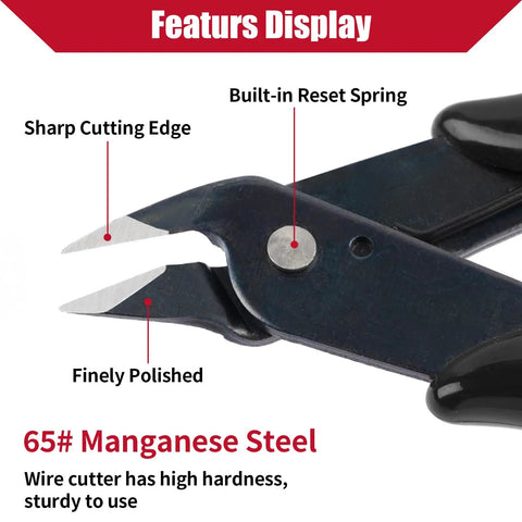Close-up of Five Pack Micro Wire Cutters Set with sharp cutting edge, built-in reset spring, 65# manganese steel, black.