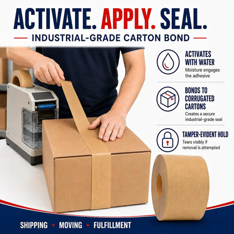 User applying Premium Heavy Duty Water Activated Packing Tape With Badass Hold Fiberglass Kraft Backing for secure carton sealing.