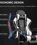 All Day Comfort Gaming Chair With Footrest And Lumbar Support, Height Adjustable, 360 Degree Swivel Seat, Headrest, Ergonomic Office Chair with diagram of ergonomic design features such as neck, back, and lumbar support.
