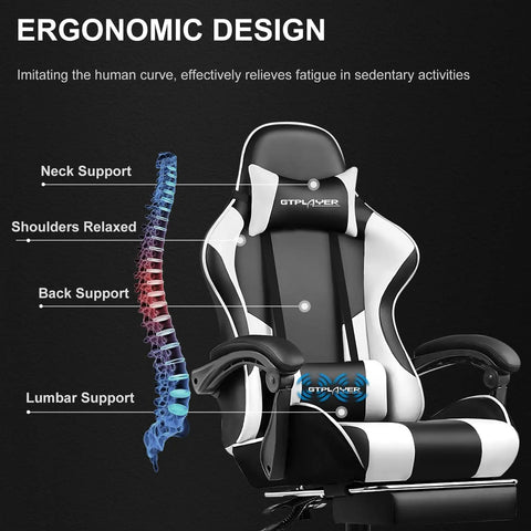 All Day Comfort Gaming Chair With Footrest And Lumbar Support, Height Adjustable, 360 Degree Swivel Seat, Headrest, Ergonomic Office Chair with diagram of ergonomic design features such as neck, back, and lumbar support.