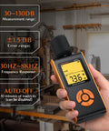 Your Go To Portable Sound Level Meter With A Weighted Measurement And Fast And Slow Response For 30 To 130 Decibels, Backlit LCD, Real Time Readout, High Accuracy, Ideal For Home Office School And Factory. handheld plastic sound level meter with yellow LCD in a workshop