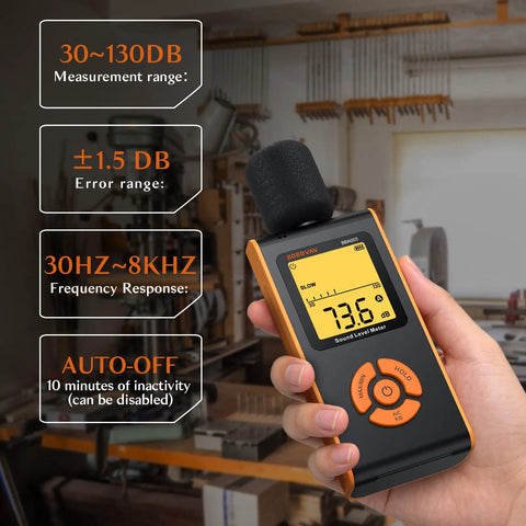 Your Go To Portable Sound Level Meter With A Weighted Measurement And Fast And Slow Response For 30 To 130 Decibels, Backlit LCD, Real Time Readout, High Accuracy, Ideal For Home Office School And Factory. handheld plastic sound level meter with yellow LCD in a workshop