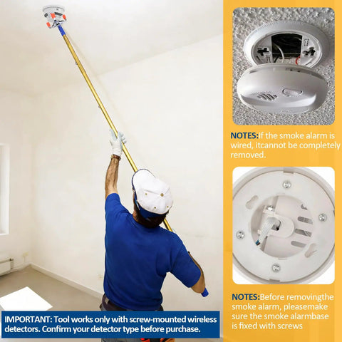 Extra Long 11 Foot Smoke Detector Removal Tool With Two Interchangeable Heads And Pro Gear Bundle reaching a smoke alarm on a high ceiling.