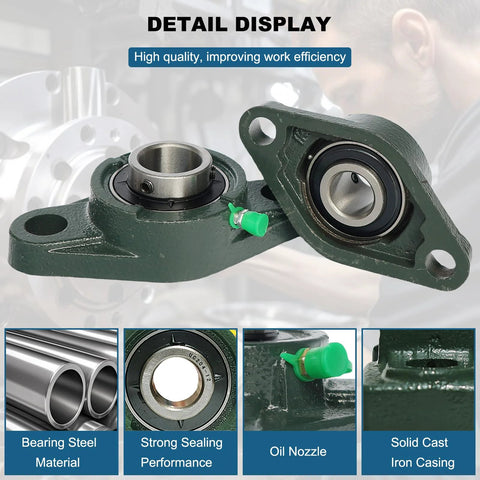 Front view of 1-inch bore UCFL205-16 pillow block bearing with green cast-iron housing and 2-bolt flange