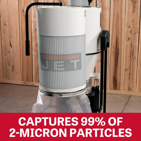 Go To Cyclone Dust Collector With 2 Micron Filter in woodworking shop capturing fine dust particles.