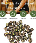 50 Piece M6 Zinc Alloy Threaded Inserts For Wood Furniture No Sweat Assembly Hex Socket Screw In Nuts With Allen Wrench stacked on wood.