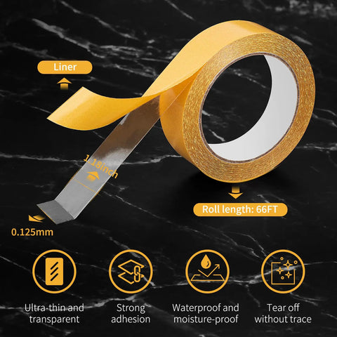 Ultra Thin Clear Double Sided Tape 1.18 Inch By 66 Feet showing liner peel, strong adhesion, waterproof, tear off easily.