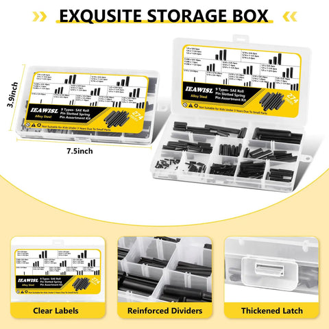 Nine Size 65Mn Steel Black Roll Pin Set For Home And Auto Repairs in storage box with clear labels and reinforced dividers