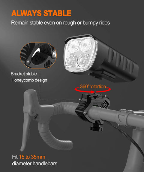 Ultra Bright Bicycle Headlight For Night Riding, 2000 Lumen Bike Light With 6400mAh Battery shown mounted on handlebars