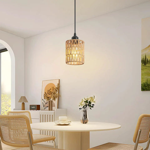 Straight Up Chic Boho Lighting Vibe For Your Sweet Space Featuring This Super Bright 3 Pack Woven Rattan Pendant Fixture with round shade in dining area.