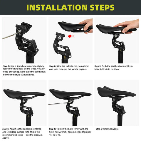 Installation steps for Smooth Ride Suspension Seatpost With Seven Diameter Options for various bike types.
