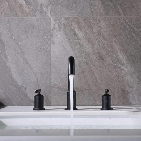 Front view of 8 Inch Two Handle Widespread Matte Black Bathroom Faucet With 360 Swivel Spout for 3 Hole Sinks with water running.