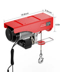 Heavy Duty 110 Volt Electric Hoist Winch With 2200 Lb Capacity, dimensions marked on red hoist for easy reference.