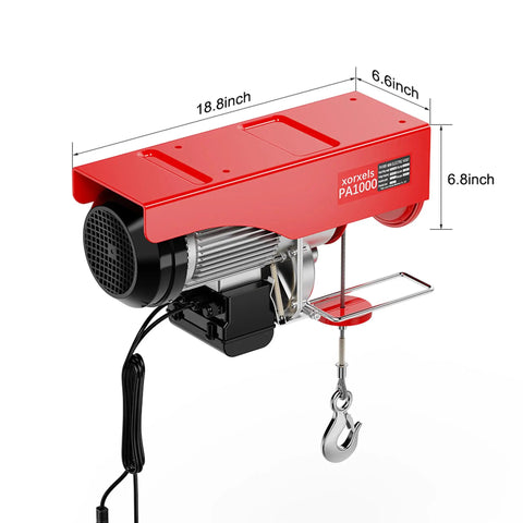 Heavy Duty 110 Volt Electric Hoist Winch With 2200 Lb Capacity, dimensions marked on red hoist for easy reference.