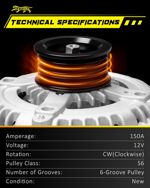Beefed Up 150A 12V Clockwise Alternator Replacement Fits Sorento 2011 And 2015-2018, Sedona 2011-2012 And 2014-2018, Santa Fe 2013-2018 V6 3.3L 3.5L With 6-Groove Pulley OE 37300-3C520 with specifications