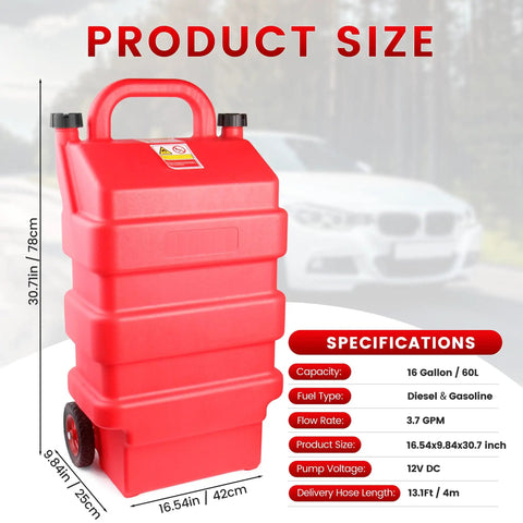 Portable 60L Fuel Caddy With 12V DC Pump Self Priming Gas And Diesel Transfer Tank On Wheels shown in red with specifications