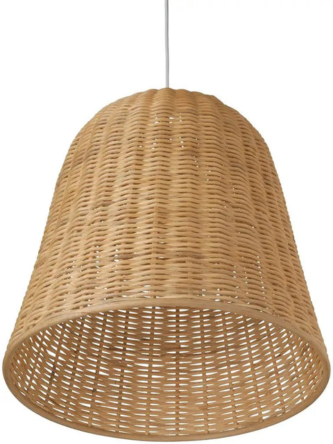 Natural Wicker Bell Pendant Lamp, 18 Inch Diameter Handwoven Ceiling Light With Adjustable 56 Inch Cord shown from front angle.