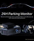 P1 Duo 4K Dash Cam Front And Rear With 64GB Card Included, 24H Parking Monitor, dual camera system and sleek car silhouette