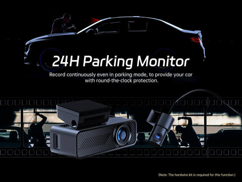 P1 Duo 4K Dash Cam Front And Rear With 64GB Card Included, 24H Parking Monitor, dual camera system and sleek car silhouette